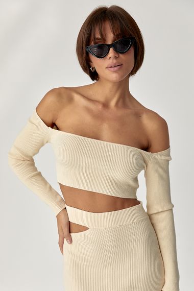 Костюм у рубчик із кроп-топом і спідницею - кремовий цвет, ONE SIZE (є розміри) | Зображення 2