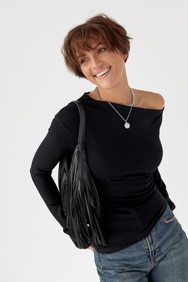 Асиметричний лонгслів з відкритим плечем - чорний цвет, M (є розміри)