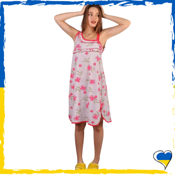 Нічна сорочка жіноча бавовна з малюнками квітів білий-малиновий L/XL