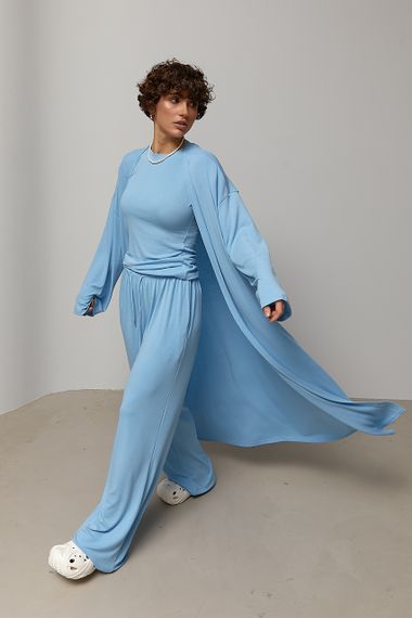 Легкий костюм із довгого кардигана, футболки та широких штанів - блакитний цвет, ONE SIZE (є розміри)