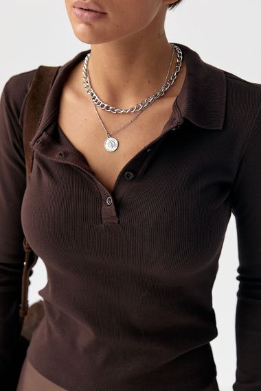 Приталена кофта-поло в рубчик - темно-коричневий цвет, S (є розміри) | Зображення 3