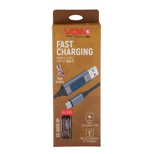 Кабель VOIN CC-3201C GY, USB-Type C 3А, 1m, grey з дисплеєм | Зображення 3