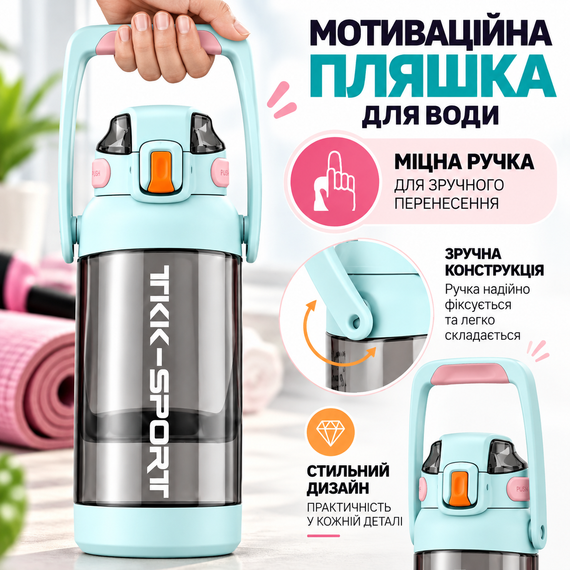 Бутылка для воды TKK 1400 мл бирюзовая спортивная из тритана Tritan BPA Free, с трубочкой, ручкой и ремешком | Зображення 9