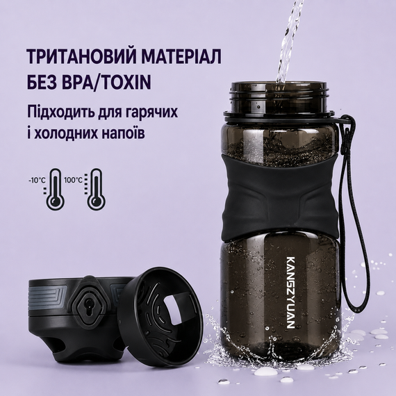 Бутылка KANGZYUAN 450 мл - Черная Tritan BPA-free, ударопрочная, спортивная с эргономичной крышкой | Зображення 6