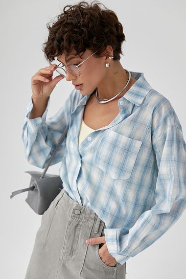 Жіноча сорочка в клітинку з кишенею - блакитний цвет, ONE SIZE (є розміри)