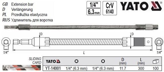 Адаптер тримач біт YATO Польща гнучкий HEX 1/4" 300 мм YT-14001