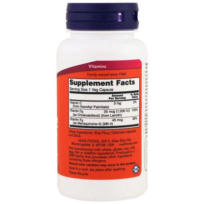 Витамин Now Foods Витамин D3 и К2, Vitamin D-3 & K-2, 1,000 МЕ / 45 мкг, 120 (NOW-00369) | Зображення 1