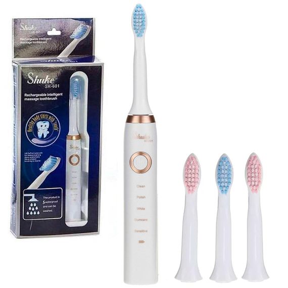 Електрична зубна щітка з 4 насадками Shuke, з USB, Біла / Акумуляторна електрощітка для зубів