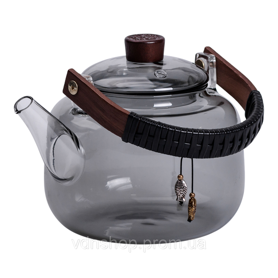 Заварник скляний для чаю 0.8 л Заварний чайник для заварювання з дерев'яною ручкою чорний HP-34-37 | Зображення 3