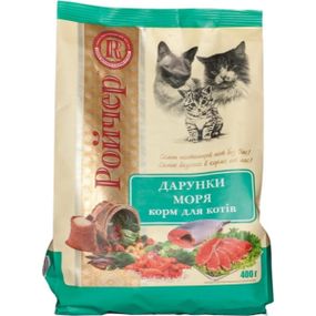 Ройчер Дарунки моря  Для активних котів. М'ясо лосося, океанічної риби(тунцеві), м'ясо прісноводної риби(карпові, форелеві)400г