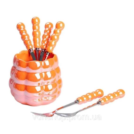 Набір десертних виделок і ложок на 3 персони з підставкою з порцелянау 7 предметів Помаранчевий HP-20-60 | Зображення 2