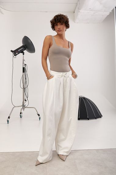 Широкі однотонні джинси Palazzo - молочний цвет, L (є розміри) | Зображення 2