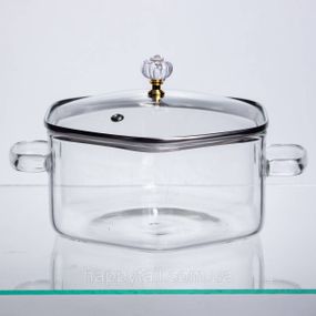 Кастрюля стеклянная шестигранная 2.5 л Diamond Crystal с хрустальной ручкой — прозрачная посуда для плиты HP-34-40
