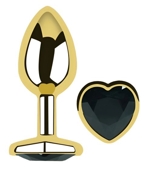 Анальна пробка EGZO Gold Heart Plug Black S з кристалом та серцеподібною основою Sex Aura