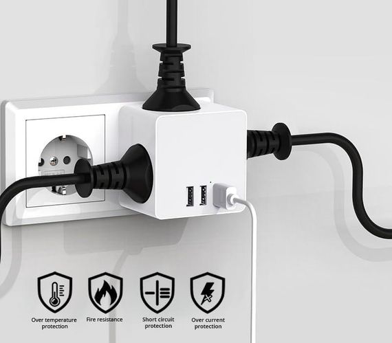 Розетка разветвитель, Куб удлинитель 6 в 1, 3 розетки, зарядными устройствами USB A и 1 USB C, | Зображення 4