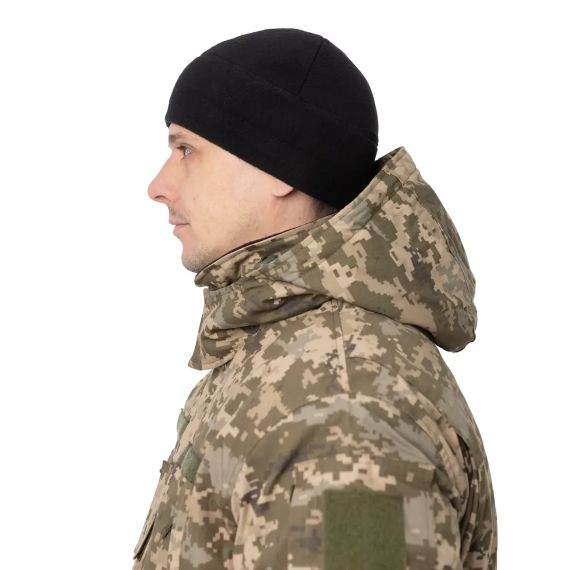 Шапка фліс без підворота Чорна, зимова камуфляжна шапка, тепла чоловіча флісова шапка чорна