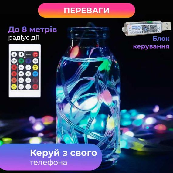 Розумна гірлянда Smart 200 LED довжина 2 м з керуванням зі смартфона прозора, мультиколор | Зображення 1