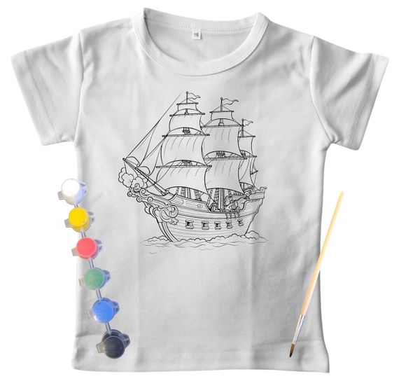 Детский набор для творчества футболка раскраска Корабль белая (ДФ0014) 140