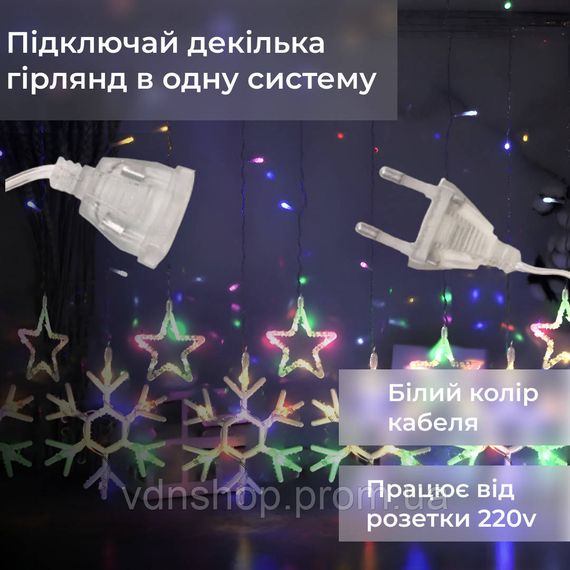 Гірлянда штора 3х0,9 м сніжинка зірка на 145 LED лампочок світлодіодна 10 шт 1733065ML | Зображення 1