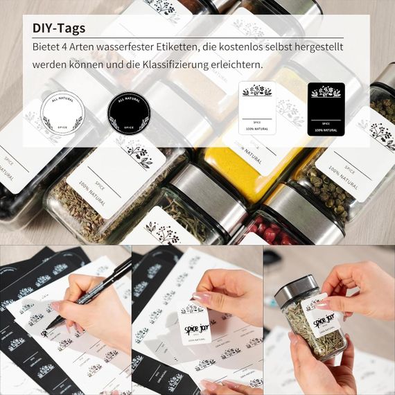 Набір з 12 баночок для спецій Fsvaer, скло та нержавіюча сталь, 120 мл, з кришкою на 3 режими, воронкою, наліпками та маркером | Зображення 4