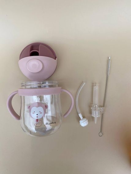 Поїльник непроливайка з трубочкою і грузиком обізяна пудровий колір 250мл | Зображення 1