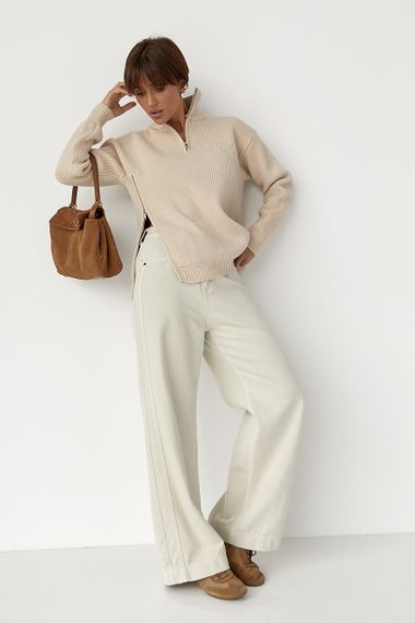 В'язаний вільний светр із блискавкою внизу - бежевий цвет, ONE SIZE (є розміри) | Зображення 2