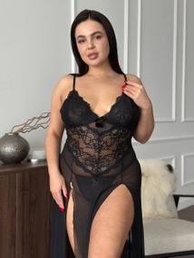 Розкішна чорна мереживна довга сорочка PLUS SIZE