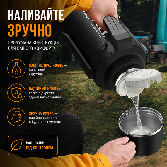 Термос Happy Travel 1600 мл — Чорний, нержавіюча сталь 316, з подвійною ручкою, кришкою-чашкою та ситечком для чаю | Зображення 6
