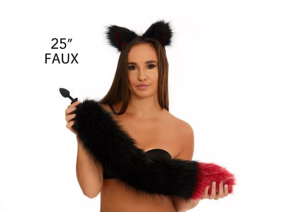 Анальний хутряний хвіст без пробки, Чорний з темно-червоним кінчиком, OKOVA 60 см. sexstyle