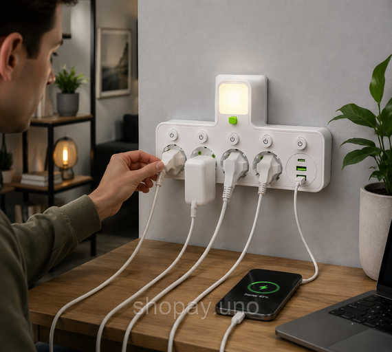 Мережевий фільтр 4 розетки + USB / адаптер на 4 розетки + USB з індивідуальними кнопками та LED-підсвічуванням Білий | Зображення 1