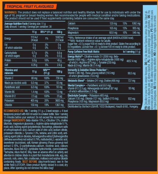 Комплекс до тренировки BioTechUSA Pump Caffeine free 330 g /30 servings/ Tropical Fruit | Зображення 1