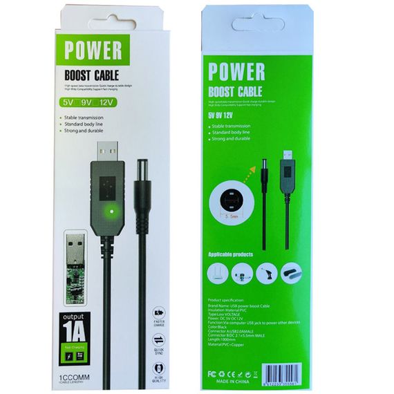 Кабель живлення для роутера/модема USB-DC (2.1x5.5mm) з перетворювачем до 12V in box (1m) Black | Зображення 1