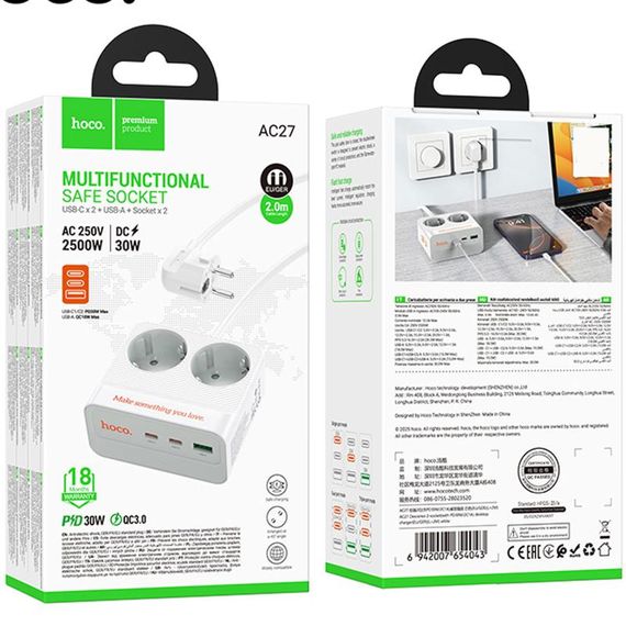 Подовжувач Hoco AC27 Descanso (PD30W/2C/1A/2xSocket) (2m) White | Зображення 3