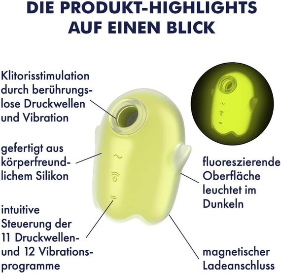 Вакуумний кліторальний вібратор із флуоресцентною поверхнею Satisfyer Glowing Ghost, жовтий sexstyle | Зображення 6