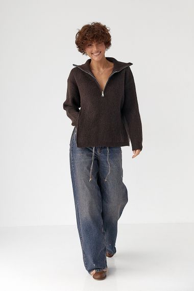 В'язана жіноча кофта з блискавками - темно-коричневий цвет, ONE SIZE (є розміри) | Зображення 2