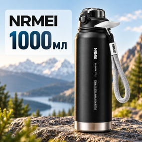 Термос NRMEI 1000 мл (1 л) с трубочкой и ремешком, внутренняя колба SUS316, черный