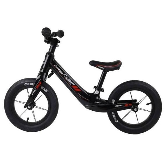 Велобіг двоколісний, колеса 12" надувні, алюмінієве кермо Corso Чорний глянсовий