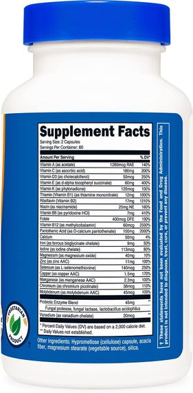 Мультивітаміни з пробіотиками, ензимами та антиоксидантами Nutricost Multivitamin 120 Capsules | Зображення 1