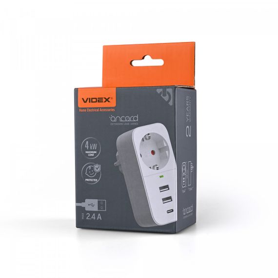 Сетевой адаптер с 2USB + USB-C и заземлением VIDEX ONCORD VF-AD1G2U1C-W White | Зображення 5