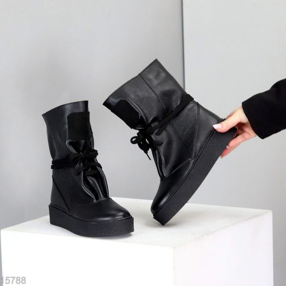 Дизайнерські зимові чорні високі черевики натуральна шкіра флотар | Зображення 5