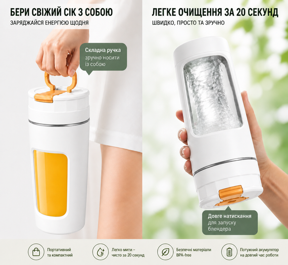 Портативный блендер P2060R на 600 мл, Tritan BPA-free, аккумуляторный с 4 лезвиями, USB Type-C, белый | Зображення 4