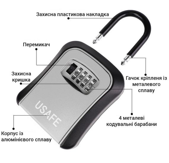 Подвесной металлический мини сейф для ключей uSafe KS-05, с крючком и паролем, Серый | Зображення 5