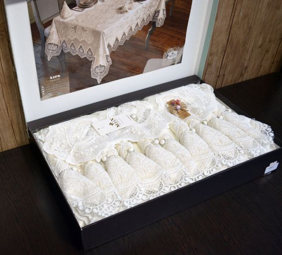 Велюрова скатертина з ранером Selin Azra Set 160×350+12 серветок Кремова | Зображення 2