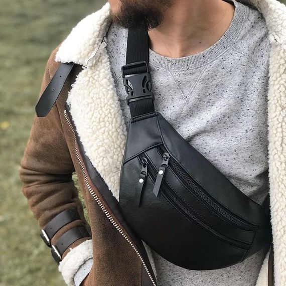 Сумка на пояс з еко-шкіри. Сумка через плече. Бананка чоловіча, жіноча. Колір чорний | Зображення 9