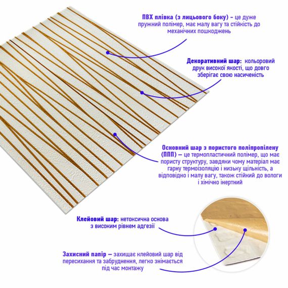 Самоклеюча 3D панель цегла золоті стрічки 700х700х5мм (440) SW-00001184 | Зображення 1