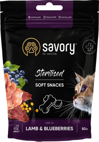 Мягкое лакомство для здоровья стерилизованных кошек Savory Soft Snack, ягненок и голубика 50г