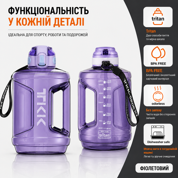 Спортивная бутылка TKK 2300 мл (2.3 л) - Фиолетовая Tritan BPA-free, ударопрочная эко-бутылка с ручкой и клапаном | Зображення 2