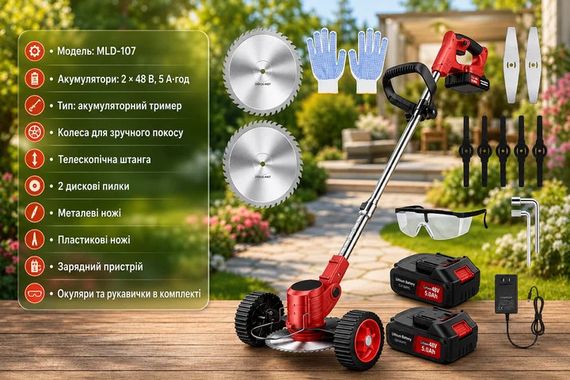 Аккумуляторная газонокосилка-триммер MLD-107 красная • Триммер для покоса травы 48V с 2 аккумуляторами, колёсами и набором насадок | Зображення 3