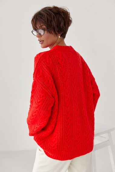 В'язана жіноча кофта в косички - червоний цвет, ONE SIZE (є розміри) | Зображення 1