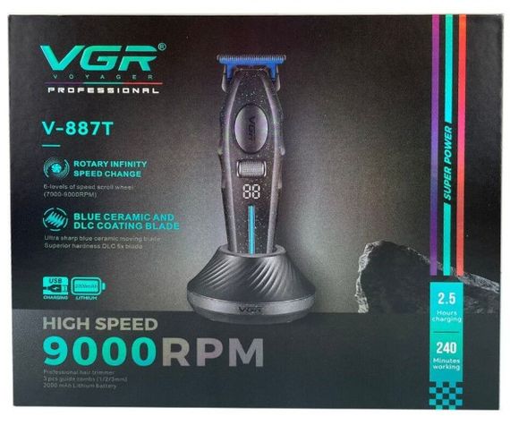 Тример для стрижки волосся VGR V-887T роторний LED-дисплей 3 насадки керамічні леза з підставкою 5 Вт Чорний | Зображення 6